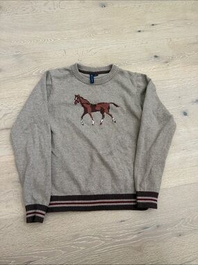 Janie and Jack Taupe Crewneck Sweater with Brown Horse Motif